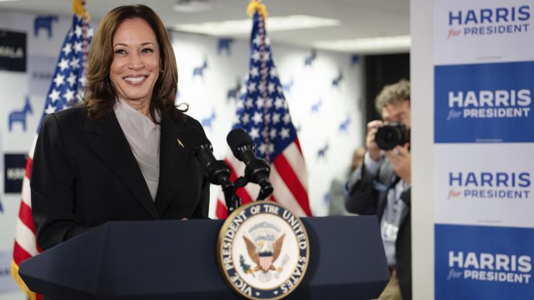 Vice President Kamala Harris speaks at her campaign headquarters in Wilmington, Del., Monday, July 22, 2024. (Erin Schaff/The New York Times via AP, Pool)