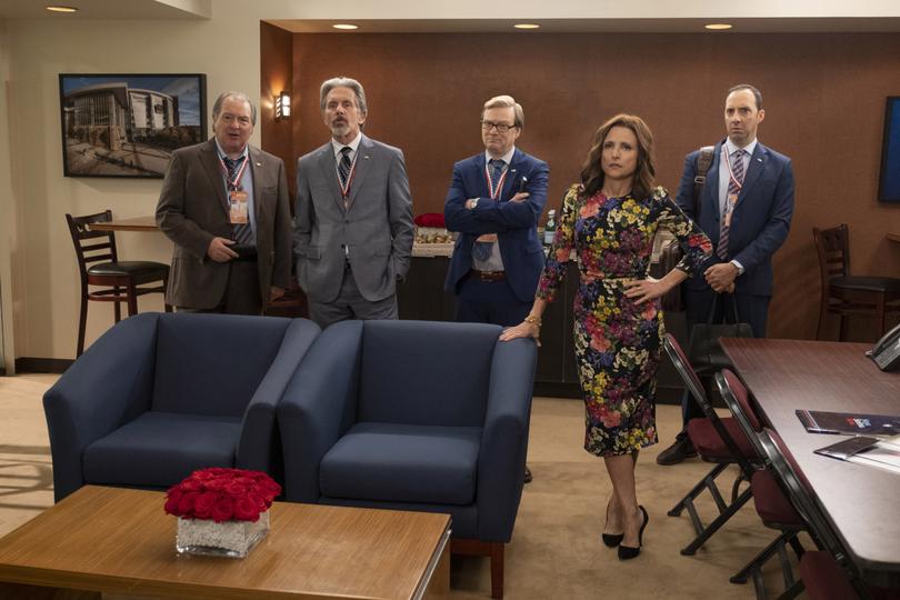 From left: Kevin Dunn as Ben Cafferty, Gary Cole as Kent Davison, Andy Daly as Keith Quinn, Julia Louis-Dreyfus as Selina Meyer and Tony Hale as Gary Walsh in the seventh and final episode of the seventh and final season of "Veep." MUST CREDIT: Colleen Hayes/HBO.