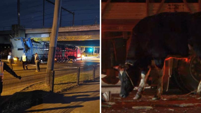 A huge truck carrying cattle has crashed into a bridge in an inner-city suburb in Melbourne.