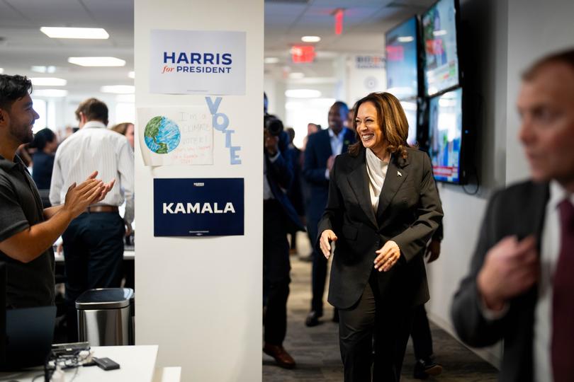 Vice President Kamala Harris arrives at the Democratic campaign headquarters in Wilmington, Del., July 22, 2024. Kamala Harris walked out during her visit to campaign headquarters as Beyonce song, Freedom, blared through the speakers in the background. 