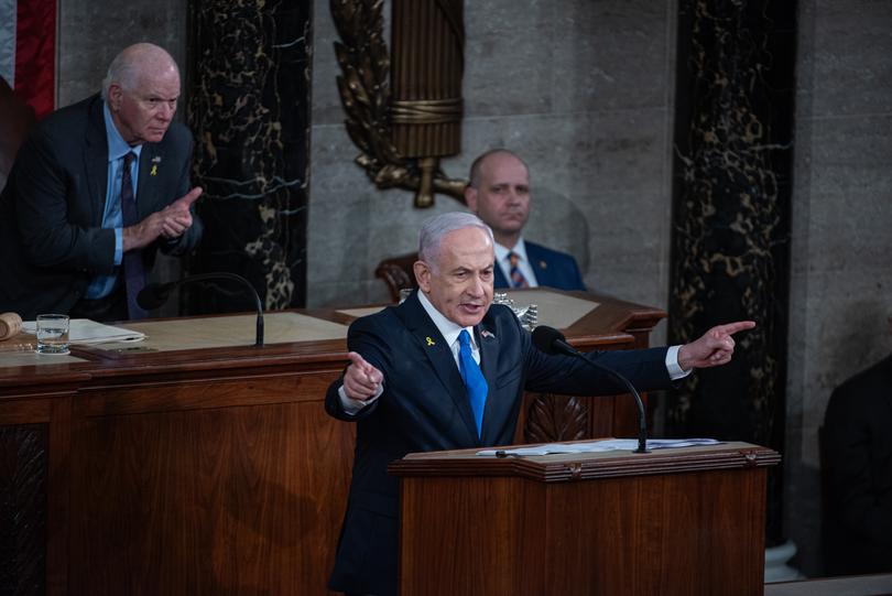 Prime Minister Benjamin Netanyahu of Israel gives a joint address to Congress in the US Capitol in Washington, DC on July 24, 2024. The Prime Ministers visit caused mixed reactions from Congress, with some members refusing to attend or claiming to have other preexisting commitments. (Photo by Annabelle Gordon/Sipa USA)