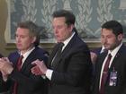 Elon Musk, center, stands up to applaud Israeli Prime Minister Benjamin Netanyahu's remarks during a joint meeting of Congress at the Capitol in Washington, Wednesday, July 24, 2024. 