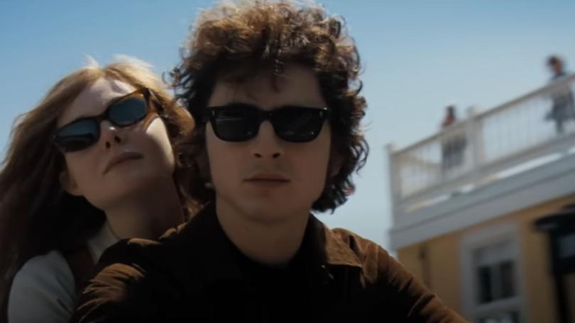 Timothee Chalamet as Bob Dylan in A Complete Unknown.