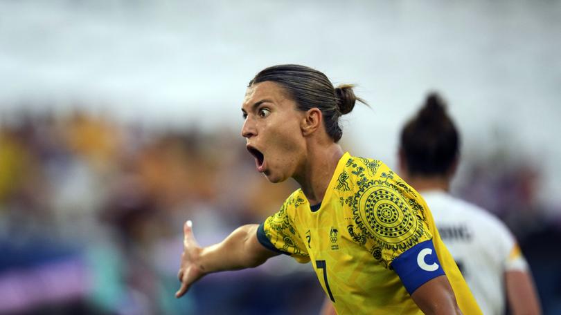 Australia's Steph Catley reacts during the women's Group B soccer match between Germany and Australia at the Velodrome stadium, during the 2024 Summer Olympics, Thursday, July 25, 2024, in Marseille, France. (AP Photo/Daniel Cole)