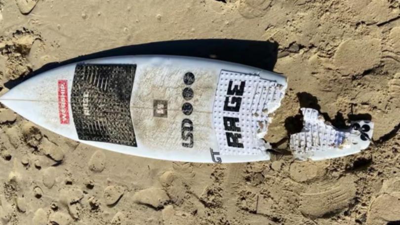 Kai McKenzie's surfboard that was split in two when he was attacked by a shark at North Shore Beach near Port Macquarie in NSW..