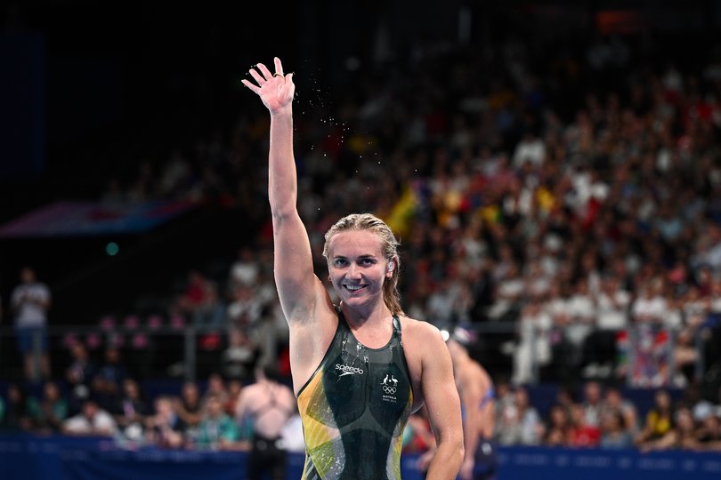 Australia swimmer Ariarne Titmus reacts after winning gold in the Women's 400m Freestyle Final.