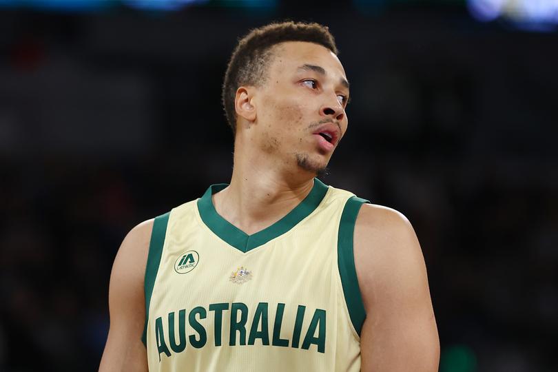 MELBOURNE, AUSTRALIA - JULY 04: Dante Exum of the Boomers looks on during the game between the Australia Boomers and China at John Cain Arena on July 04, 2024 in Melbourne, Australia. (Photo by Graham Denholm/Getty Images)