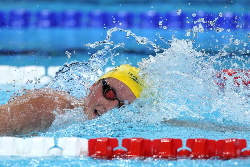 NANTERRE, FRANCE - JULY 27: Elijah Winnington of Team Australia competes in the Men's 400m Freestyle Heats on day one of the Olympic Games Paris 2024 at Paris La Defense Arena on July 27, 2024 in Nanterre, France. (Photo by Al Bello/Getty Images)