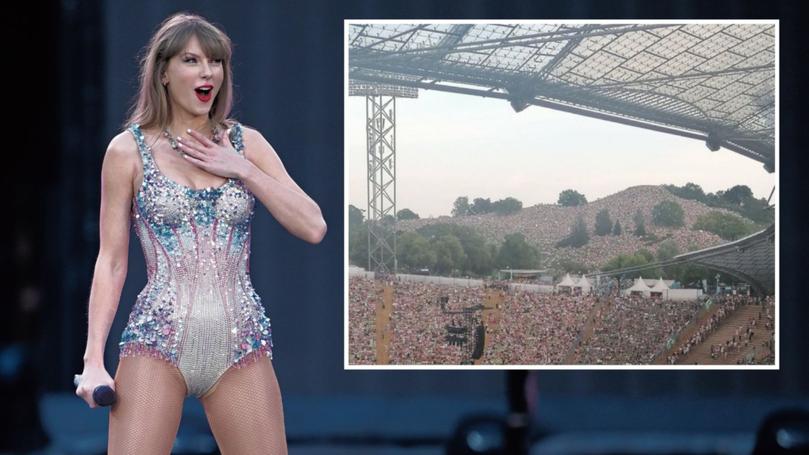 Taylor Swift fans have reached new heights to see the pop megastar's Eras Tour, sitting on a hill outside Munich's Olympiastadion.