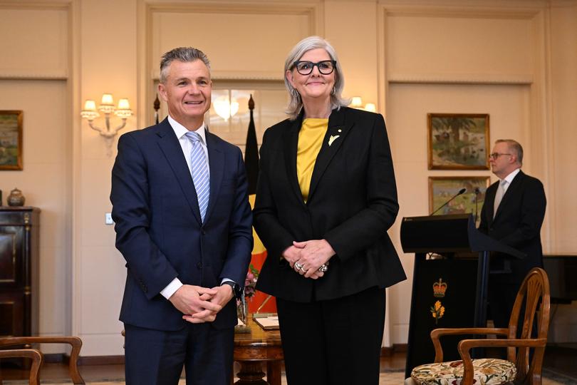 Assistant Minister for Immigration Matt Thistlethwaite poses with Australian Governor-General Sam Mostyn after his republic portfolio was taken off him.