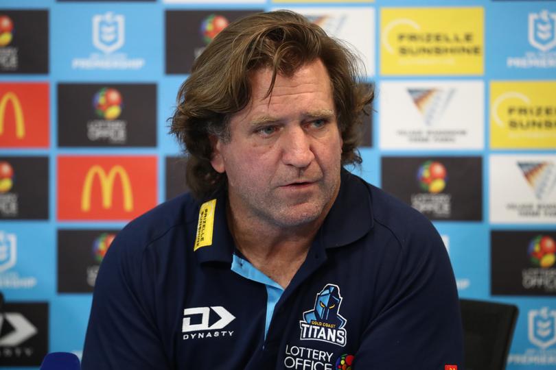 Titans Coach Des Hasler during the NRL Round 1 match between the Gold Coast Titans and the St. George Illawarra Dragons at Cbus Super Stadium on the Gold Coast, Saturday, March 9, 2024. (AAP Image/Jason O'Brien) NO ARCHIVING, EDITORIAL USE ONLY