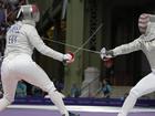 Nada Hafez in fencing action before the Egyptian revealed she was competing seven months pregnant.