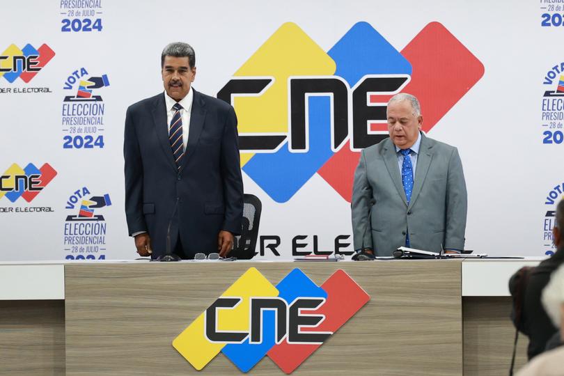 CARACAS, VENEZUELA - JULY 29: President-Elect Nicolas Maduro (R), stands with the president of the National Electoral Council (L), Elvis Amoroso, during the ceremony to deliver the majority of the vote Certificate at CNE Headquarters on July 29, 2024 in Caracas, Venezuela. Incumbent president Maduro was announced as the winner of a controversial presidential election with 51,20% of the votes while opposition candidate Edmundo Gonzalez of the Plataforma Unitaria Democr·tica Coalition got 44,2% according to the 'Consejo Nacional Electoral CNE (National Electoral Council) (Photo by Jesus Vargas/Getty Images)