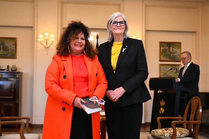 Minister for Indigenous Australians Malarndirri McCarthy poses for photographs with Australian Governor-General Sam Mostyn during the Federal ministry swearing in ceremony at Government House in Canberra, Monday, July 29, 2024.