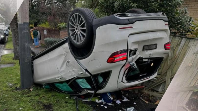 The Mercedes, allegedly stolen from a woman with cerebral palsy, finished on its roof.