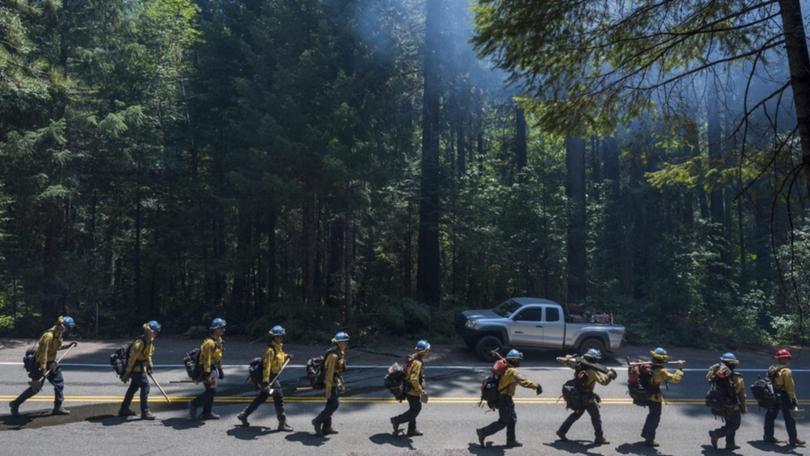 A fire crew walks along Highway 32 near Butte Meadows, California