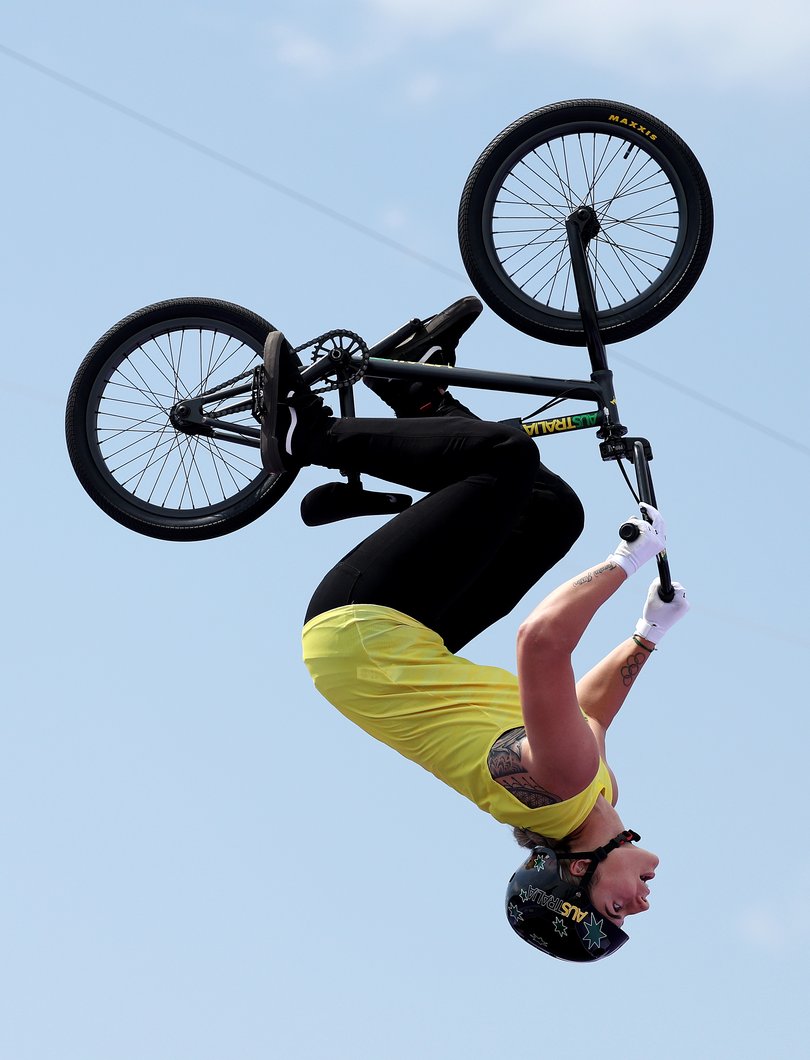 PARIS, FRANCE - JULY 31: Natalya Diehm of Team Australia competes during the BMX Freestyle Women's Park Final - Round 2 on day five of the Olympic Games Paris 2024 at Place de la Concorde on July 31, 2024 in Paris, France. (Photo by Alex Broadway/Getty Images)