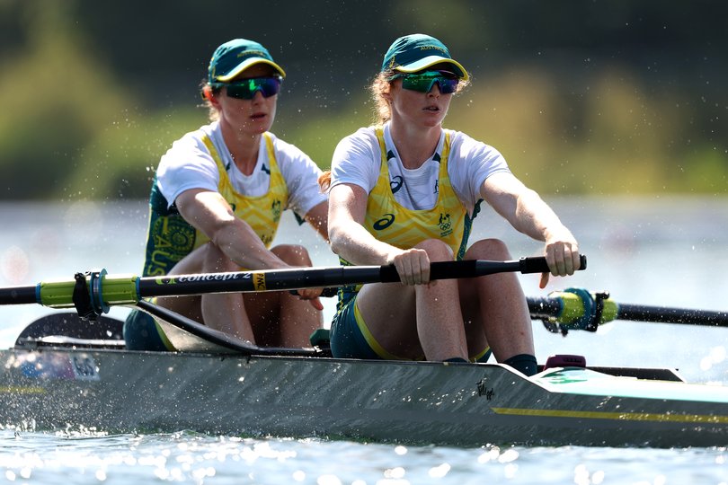 PARIS, FRANCE - JULY 28: Annabelle McIntyre and Jess Morrison of Team Australia compete during the Women’s Pair Heats on day two of the Olympic Games Paris 2024 at Vaires-Sur-Marne Nautical Stadium on July 28, 2024 in Paris, France. (Photo by Alex Davidson/Getty Images)