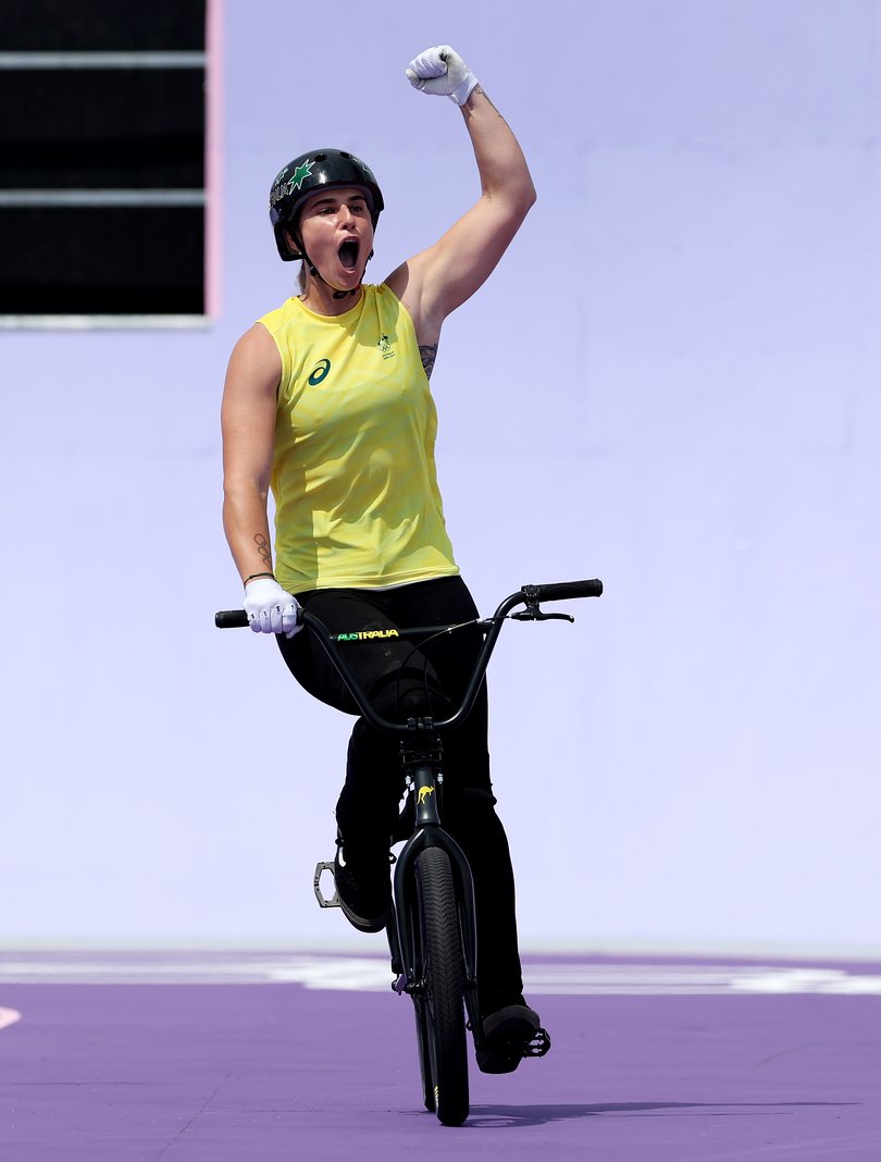 PARIS, FRANCE - JULY 31: Natalya Diehm of Team Australia celebrates during the BMX Freestyle Women's Park Final - Round 2 on day five of the Olympic Games Paris 2024 at Place de la Concorde on July 31, 2024 in Paris, France. (Photo by Alex Broadway/Getty Images)