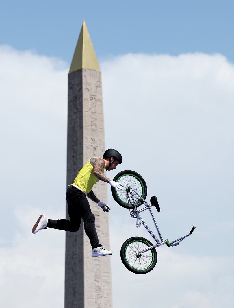 PARIS, FRANCE - JULY 31: Logan Martin of Team Australia competes during the BMX Freestyle Men's Park Final - Round 1 on day five of the Olympic Games Paris 2024 at Place de la Concorde on July 31, 2024 in Paris, France. (Photo by Alex Broadway/Getty Images)