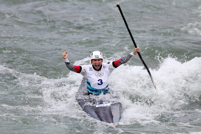 PARIS, FRANCE - JULY 31: Elena Lilik of Team Germany celebrates during the Canoe Slalom Women's Canoe Single Final on day five of the Olympic Games Paris 2024 at Vaires-Sur-Marne Nautical Stadium on July 31, 2024 in Paris, France. (Photo by Alex Davidson/Getty Images)