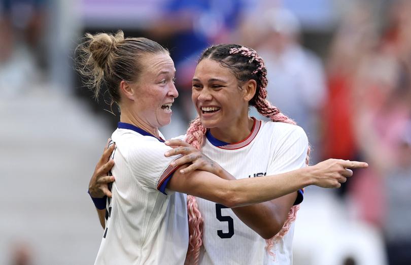 MARSEILLE, FRANCE - JULY 31: Trinity Rodman #5 of Team United States celebrates scoring her team's first goal during the Women's group B match between Australia and United States during the Olympic Games Paris 2024 at Stade de Marseille on July 31, 2024 in Marseille, France. (Photo by Alex Livesey/Getty Images)