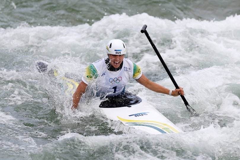 PARIS, FRANCE - JULY 31: Jessica Fox of Team Australia celebrates during the Canoe Slalom Women's Canoe Single Final on day five of the Olympic Games Paris 2024 at Vaires-Sur-Marne Nautical Stadium on July 31, 2024 in Paris, France. (Photo by Alex Davidson/Getty Images)