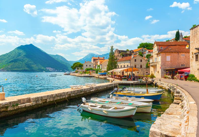 Historic town of Perast at Bay of Kotor in summer, Montenegro. 