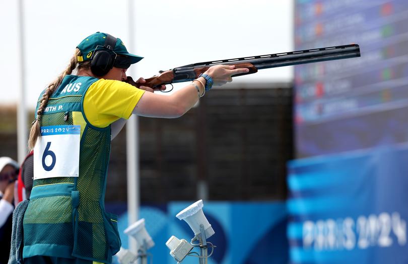 CHATEAUROUX, FRANCE - JULY 31: Penny Smith of Team Australia competes in the Shooting Trap Women's Final on day five of the Olympic Games Paris 2024 at Chateauroux Shooting Centre on July 31, 2024 in Chateauroux, France. (Photo by Charles McQuillan/Getty Images)