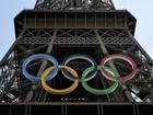 The Olympic rings on the Eiffel Tower in Paris.