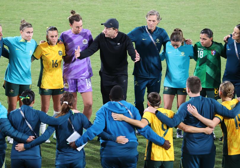 News. Women's Olympic Football Tournament Paris 2024 Asian Qualifiers Round 2. Australia v Chinese Taipei. Coach Tony Gustavsson addresses the players and staff after the game. 