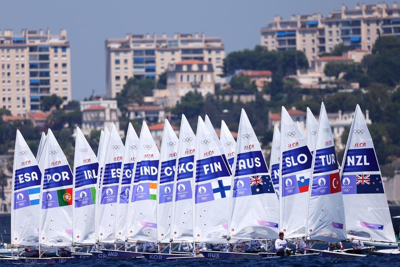 MARSEILLE, FRANCE - AUGUST 01: The Men's Dinghy ILCA class race gets underway on day six of the Olympic Games Paris 2024 at Marseille Marina on August 01, 2024 in Marseille, France. (Photo by Phil Walter/Getty Images)