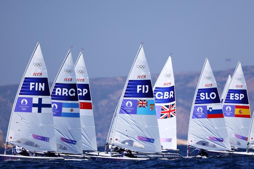 MARSEILLE, FRANCE - AUGUST 01: The Men's Dinghy ILCA class race gets underway on day six of the Olympic Games Paris 2024 at Marseille Marina on August 01, 2024 in Marseille, France. (Photo by Phil Walter/Getty Images)