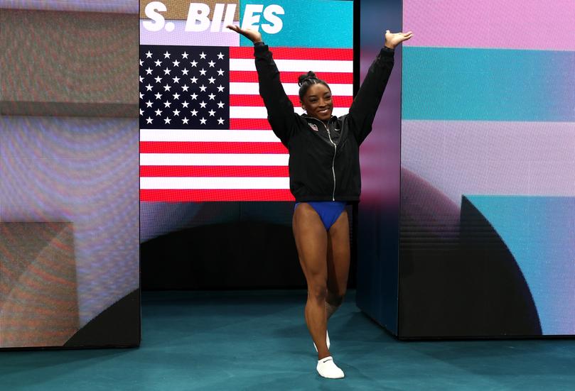 PARIS, FRANCE - AUGUST 01: Simone Biles of Team United States is introduced during the Artistic Gymnastics Women's All-Around Final on day six of the Olympic Games Paris 2024 at Bercy Arena on August 01, 2024 in Paris, France. (Photo by Jamie Squire/Getty Images)