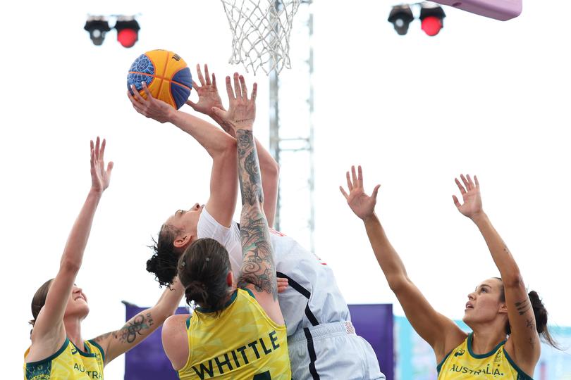 PARIS, FRANCE - AUGUST 01: Dearica Hamby of Team United States competes during the Women's Pool Round match between Team United States and Team Australia  on day six of the Olympic Games Paris 2024 at Esplanade Des Invalides on August 01, 2024 in Paris, France. (Photo by Elsa/Getty Images)