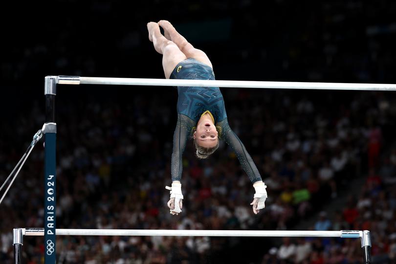 PARIS, FRANCE - AUGUST 01: Ruby Pass of Team Australia competes on the uneven bars during the Artistic Gymnastics Women's All-Around Final on day six of the Olympic Games Paris 2024 at Bercy Arena on August 01, 2024 in Paris, France. (Photo by Naomi Baker/Getty Images)