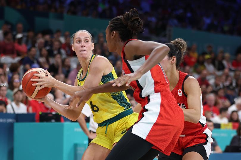 LILLE, FRANCE - AUGUST 01: Steph Talbot #6 of Team Australia in action during the Women's Group Phase - Group B match between Team Australia and Team Canada on day six of the Olympic Games Paris 2024 at Stade Pierre Mauroy on August 01, 2024 in Lille, France. (Photo by Gregory Shamus/Getty Images)