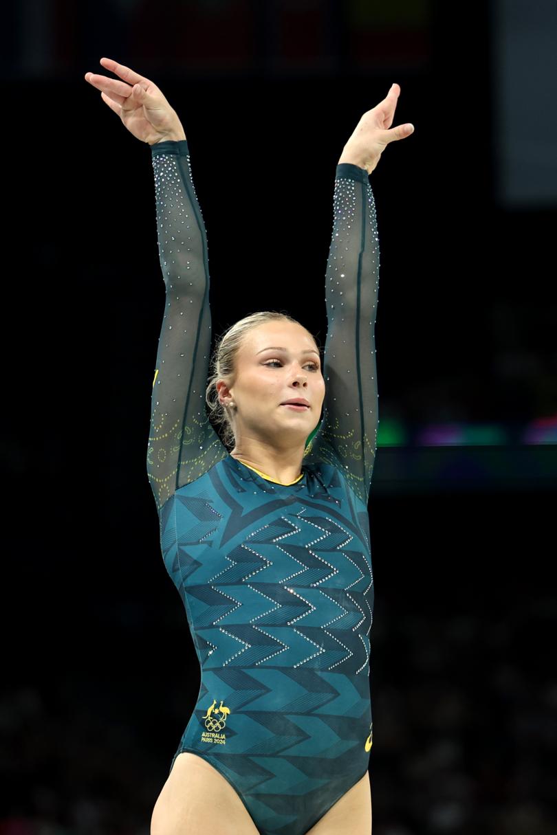 PARIS, FRANCE - AUGUST 01: Ruby Pass of Team Australia reacts after competing on the Balance Beam during the Artistic Gymnastics Women's All-Around Final on day six of the Olympic Games Paris 2024 at Bercy Arena on August 01, 2024 in Paris, France. (Photo by Ezra Shaw/Getty Images)