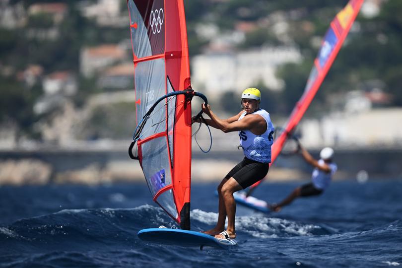 MARSEILLE, FRANCE - JULY 30: Grae Morris of Team Australia competes in the Men's Windsurf iQFoil class race on day four of the Olympic Games Paris 2024 at Marseille Marina on July 30, 2024 in Marseille, France. (Photo by Clive Mason/Getty Images)