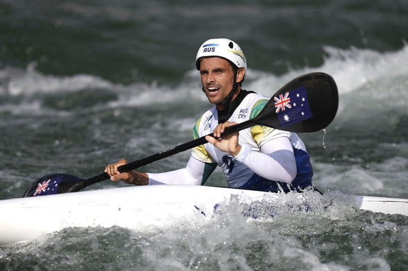 PARIS, FRANCE - AUGUST 01: Timothy Anderson of Team Australia reacts during the Canoe Slalom Men's Kayak Single Finalon day six of the Olympic Games Paris 2024 at Vaires-Sur-Marne Nautical Stadium on August 01, 2024 in Paris, France. (Photo by Alex Davidson/Getty Images)