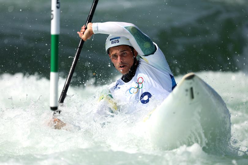 PARIS, FRANCE - JULY 30: Timothy Anderson of Team Australia during the Men's Kayak Single Heats 1st Run on day four of the Olympic Games Paris 2024 at Vaires-Sur-Marne Nautical Stadium on July 30, 2024 in Paris, France. (Photo by Justin Setterfield/Getty Images)