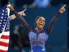 Simone Biles celebrates after winning gold in the  all-around finals at the Paris Olympics. 