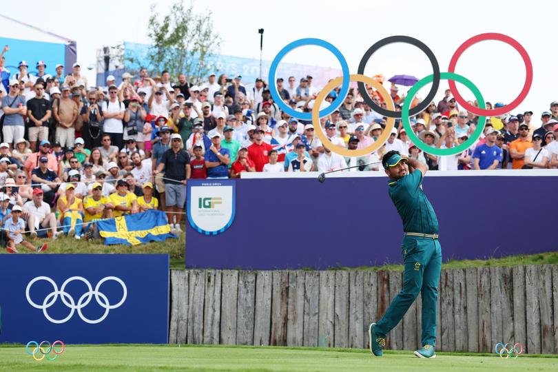 PARIS, FRANCE - AUGUST 02: Jason Day of Team Australia tees off on the first hole during Day Two of the Men's Individual Stroke Play on day seven of the Olympic Games Paris 2024 at Le Golf National on August 02, 2024 in Paris, France. (Photo by Kevin C. Cox/Getty Images)