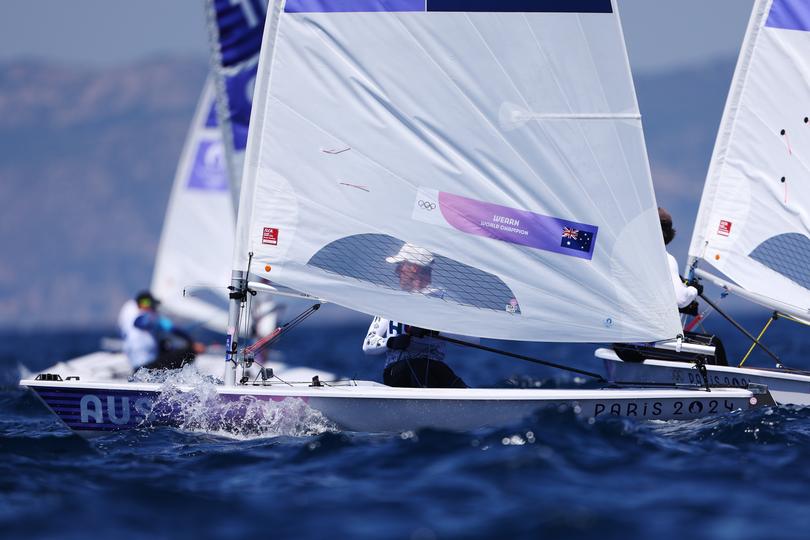 MARSEILLE, FRANCE - AUGUST 01: Matt Wearn of Team Australia competes in the Men's Dinghy ILCA class on day six of the Olympic Games Paris 2024 at Marseille Marina on August 01, 2024 in Marseille, France. (Photo by Phil Walter/Getty Images)