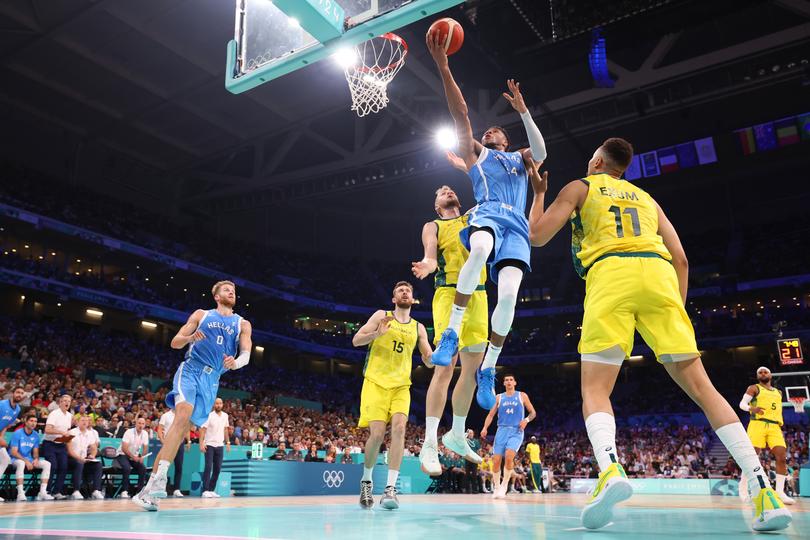 LILLE, FRANCE - AUGUST 02: Giannis Antetokounmpo #34 of Team Greece drives to the basket during the Men's Group Phase - Group A match between Team Australia and Team Greece on day seven of the Olympic Games Paris 2024 at Stade Pierre Mauroy on August 02, 2024 in Lille, France. (Photo by Gregory Shamus/Getty Images)