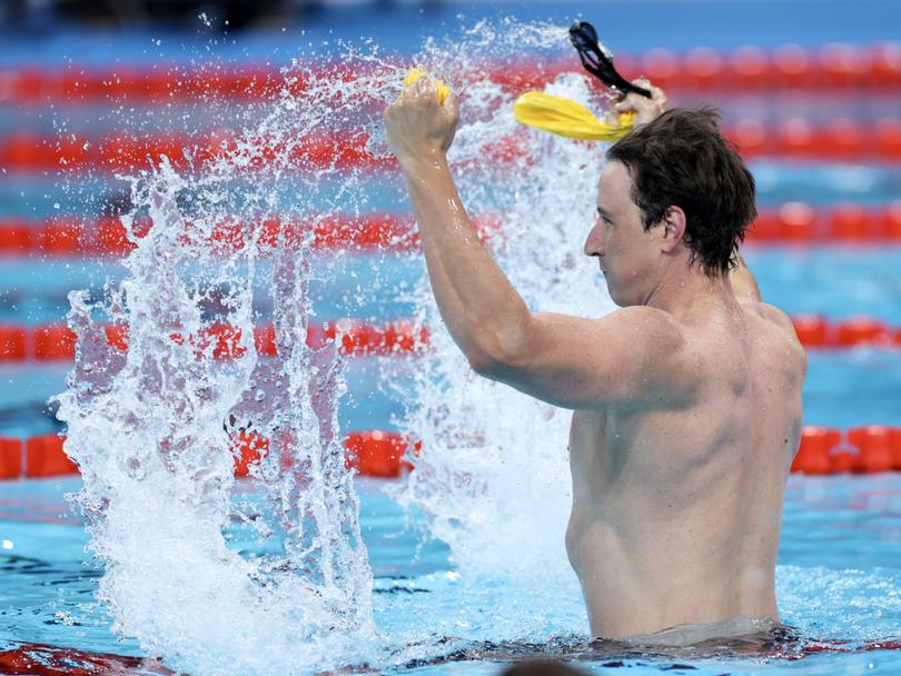 NANTERRE, FRANCE - AUGUST 02: Cameron McEvoy of Team Australia celebrates after winning gold in the Men's 50m Freestyle Final on day seven of the Olympic Games Paris 2024 at Paris La Defense Arena on August 02, 2024 in Nanterre, France. (Photo by Quinn Rooney/Getty Images)