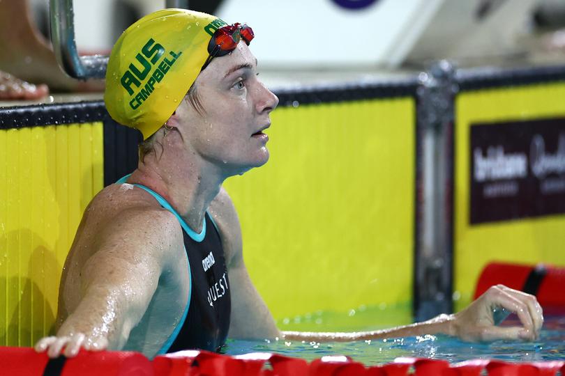 BRISBANE, AUSTRALIA - JUNE 14: Cate Campbell of Australia competes in the Women's 100 Metre Freestyle during the 2024 Australian Swimming Trials at Brisbane Aquatic Centre on June 14, 2024 in Brisbane, Australia. (Photo by Quinn Rooney/Getty Images)