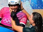 Noemie Fox celebrates her win with sister Jessica.