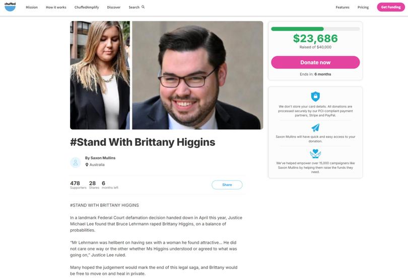 A page on Chuffed.org with the goal of providing additional support for Brittany Higgins’ ongoing medical, counselling and legal costs.