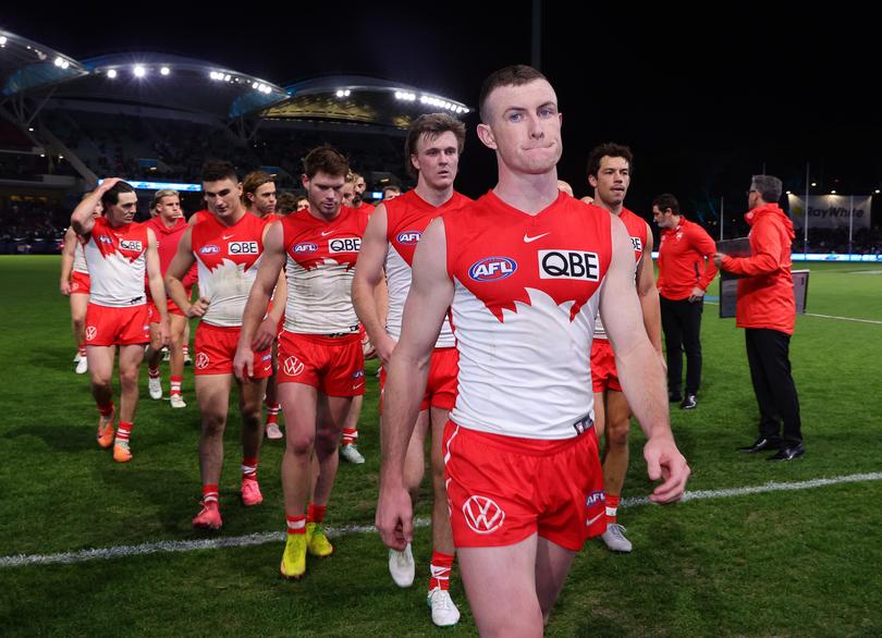 ADELAIDE, AUSTRALIA - AUG 03: Chad Warner of the Swans walks off after the loss during the 2024 AFL Round 21 match between the Port Adelaide Power and the Sydney Swans at Adelaide Oval on August 03, 2024 in Adelaide, Australia. (Photo by Sarah Reed/AFL Photos via Getty Images)